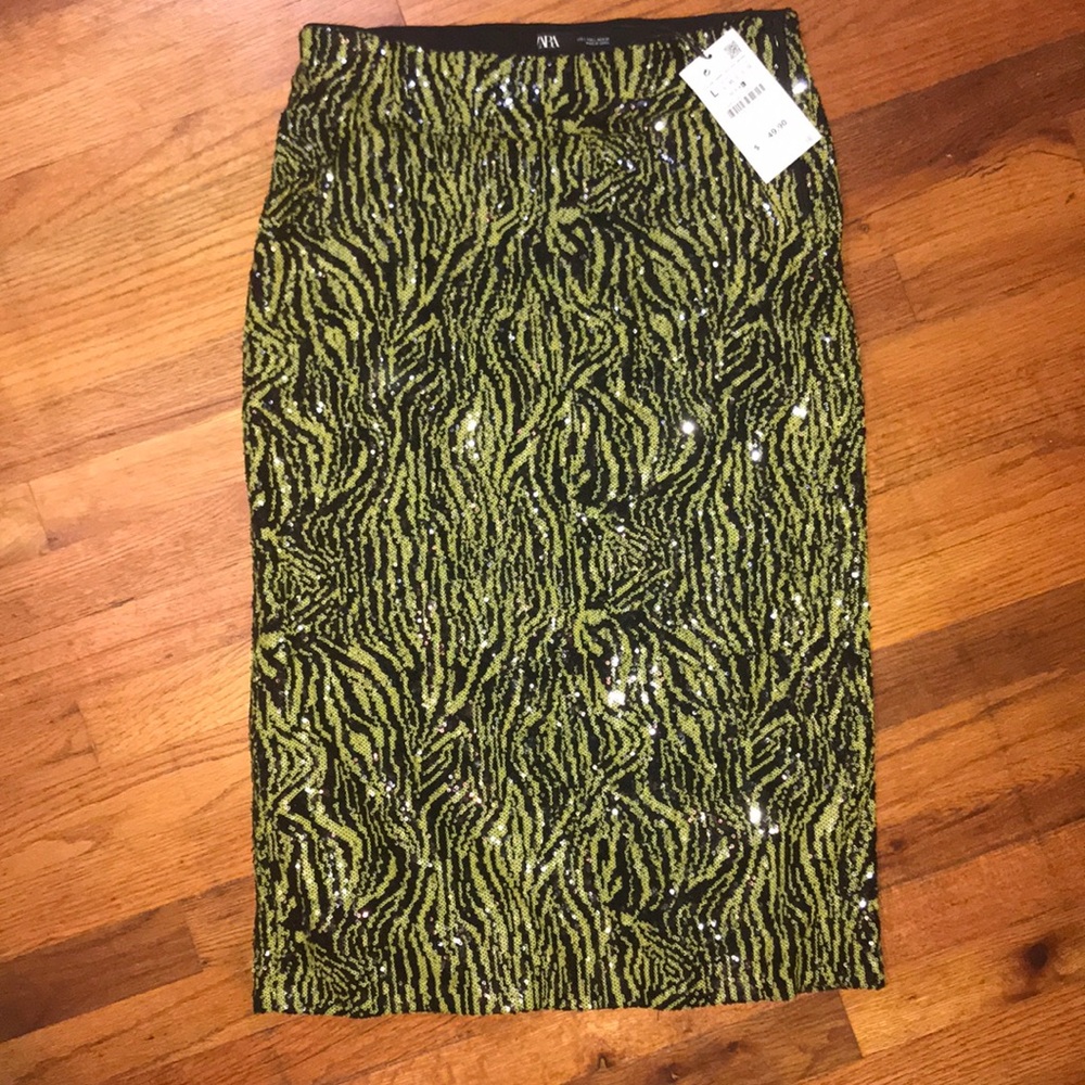 Zara Neon Green Zebra Sequin Skirt